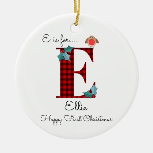 Happy first Christmas E lumberjack robin tree Ceramic Ornament