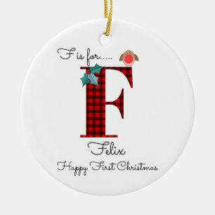 Happy first Christmas F lumberjack robin tree Ceramic Ornament