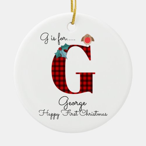 Happy first Christmas G lumberjack robin tree Ceramic Ornament