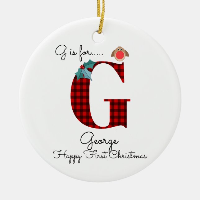 Happy first Christmas G lumberjack robin tree Ceramic Ornament (Front)
