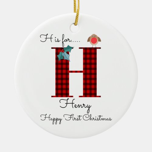 Happy first Christmas H lumberjack robin tree Ceramic Ornament