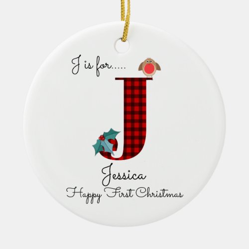 Happy first Christmas J lumberjack robin tree Ceramic Ornament