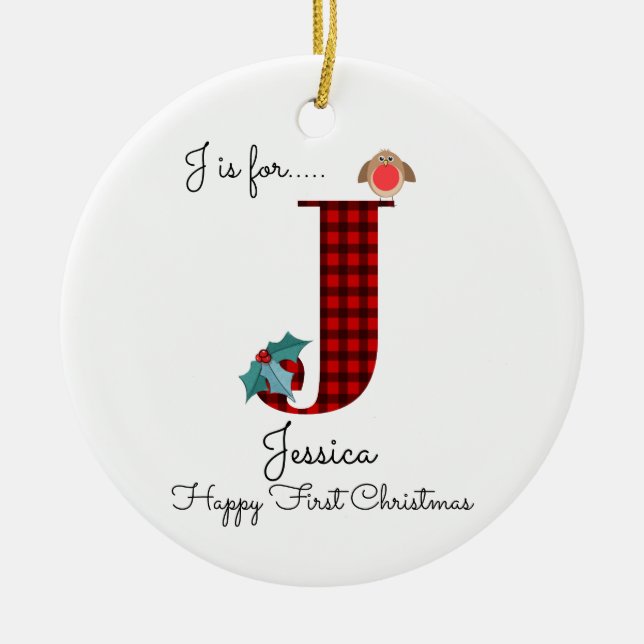 Happy first Christmas J lumberjack robin tree Ceramic Ornament (Front)