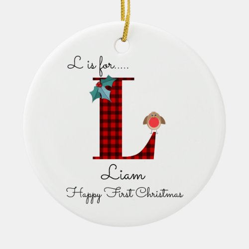 Happy first Christmas L lumberjack robin tree Ceramic Ornament