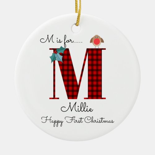 Happy first Christmas M lumberjack robin tree Ceramic Ornament