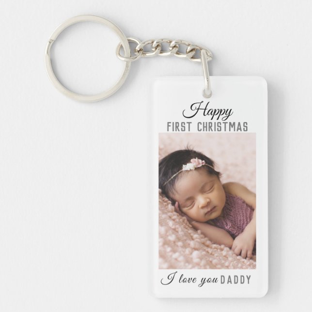 Happy First Christmas New Daddy Baby Photo  Keychain (Front)