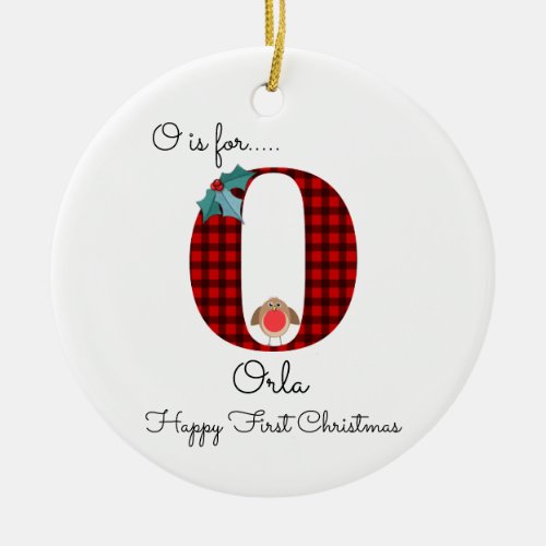 Happy first Christmas O lumberjack robin tree Ceramic Ornament