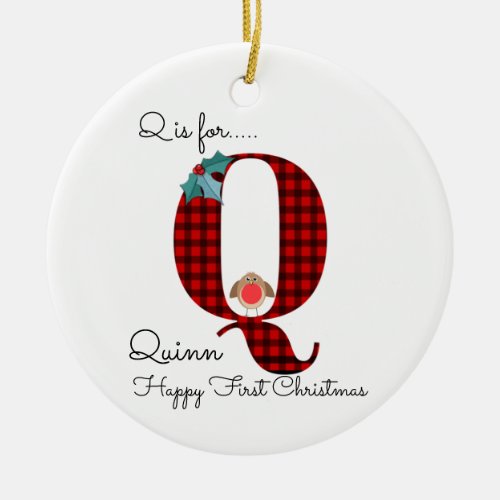 Happy first Christmas Q lumberjack robin tree Ceramic Ornament