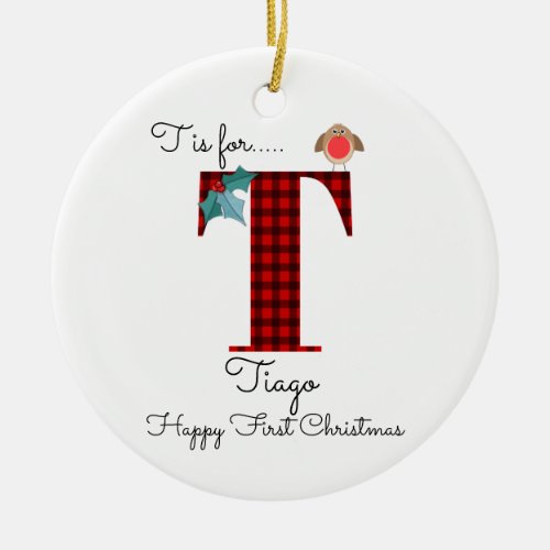 Happy first Christmas T lumberjack robin tree Ceramic Ornament