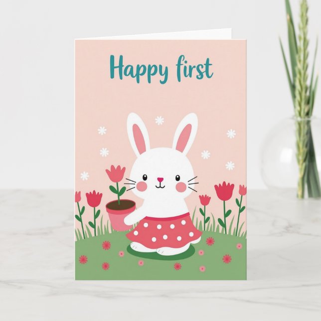 Happy First Cute Bunny Plant Card (Front)