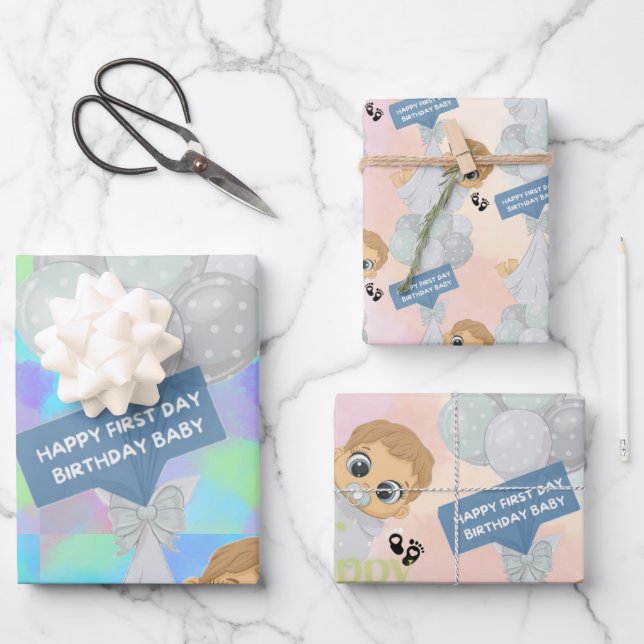 Happy First Day Birthday Wrapping Paper Sheets (Front)