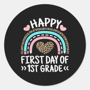 Happy First Day Of 1st Grade Leopard Rainbow Teach Classic Round Sticker