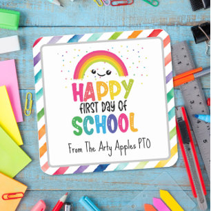 Happy first day of school custom teacher rainbow square sticker
