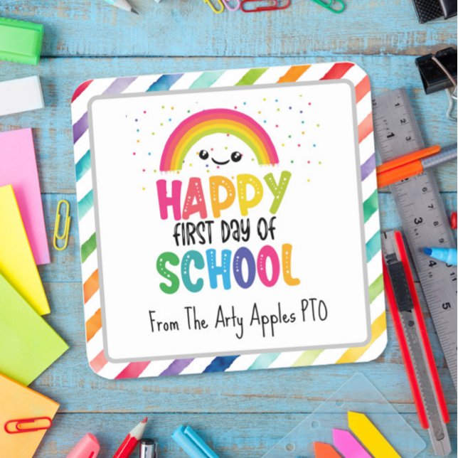 Happy first day of school custom teacher rainbow square sticker (Creator Uploaded)