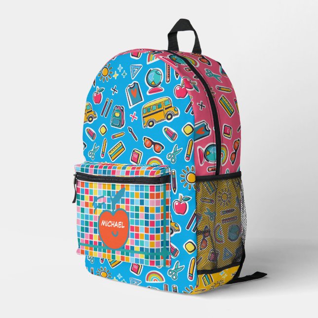 Happy First Day Of School Monogram Personalized Printed Backpack (Back Corner Right)