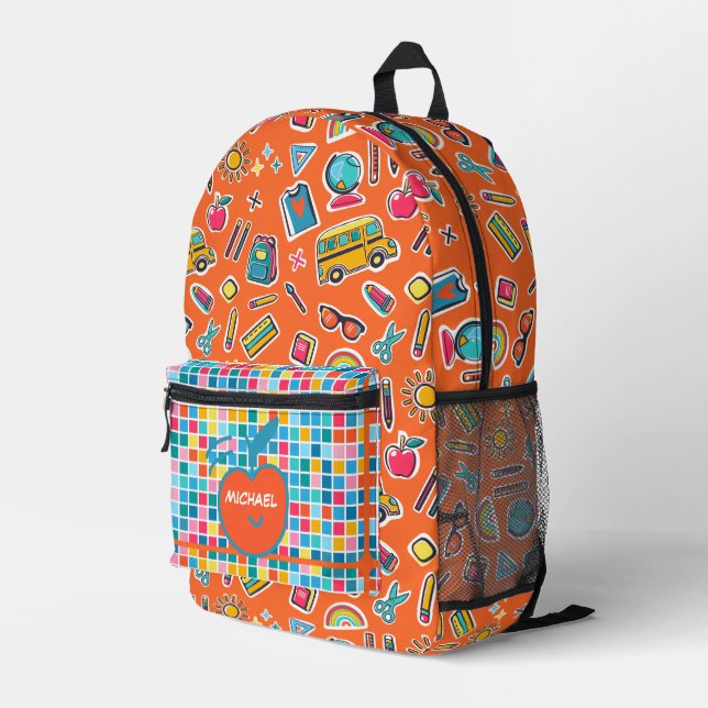 Happy First Day Of School Monogram Personalized Printed Backpack (Back Corner Right)