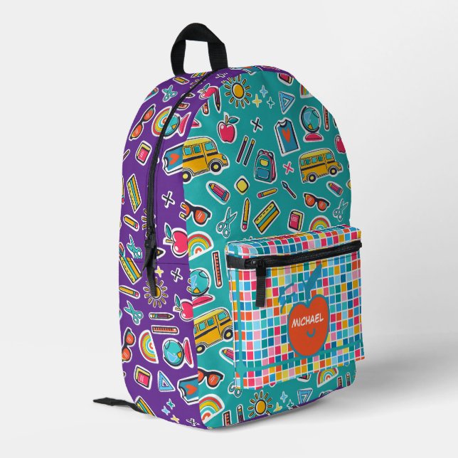 Happy First Day Of School Monogram Personalized Printed Backpack (Back Corner Left)