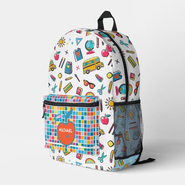Happy First Day Of School Monogram Personalized Printed Backpack (Back Corner Right)