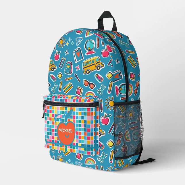Happy First Day Of School Monogram Personalized Printed Backpack (Back Corner Right)