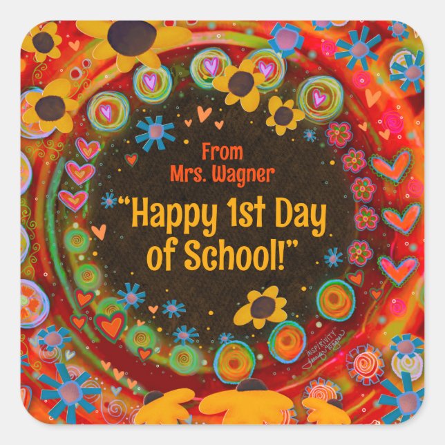 Happy First Day of School Personalized Teacher  Square Sticker (Front)