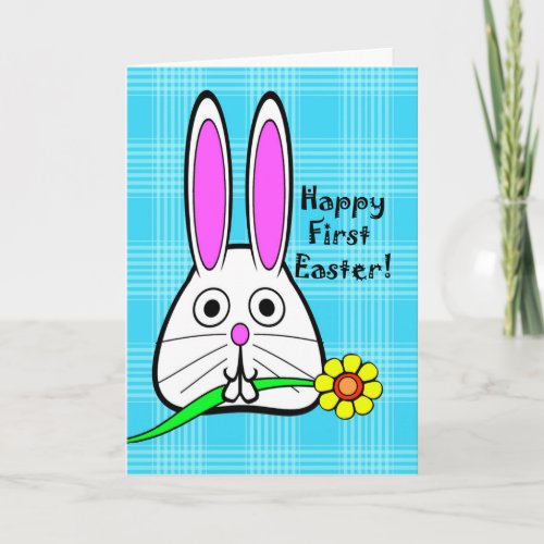 Happy First Easter Cute Bunny with Flower Holiday Card