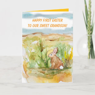 Happy First Easter Grandson Rabbit Wildflowers Card