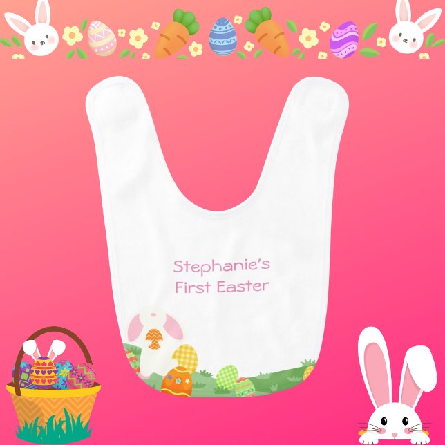 Happy First Easter Monogram Cute Bunny Eggs Baby Bib (Creator Uploaded)