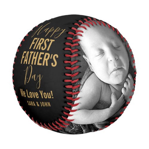 Happy First Fathers Day Black Gold 2 Photos Name Baseball