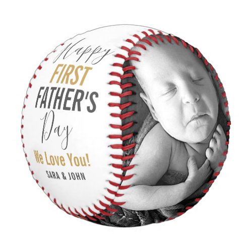 Happy First Fathers Day Gold Baby 2 Photos Name Baseball