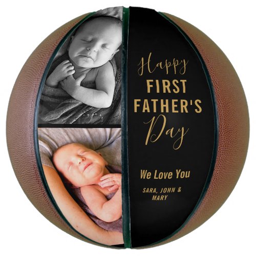 Happy First Fatherâs Day Modern Black 2 Photo Name Basketball