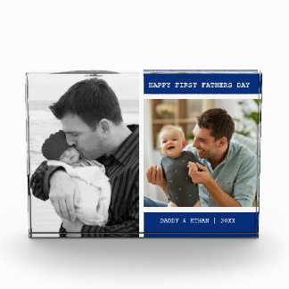 Happy First Father's Day 2 Picture Collage Blue Photo Block