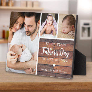 Happy First Father's Day 3 Photo Collage Dark Wood Plaque