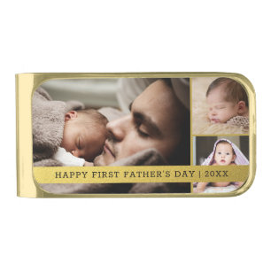 Happy First Father's Day 3 Photo Collage Gold Finish Money Clip