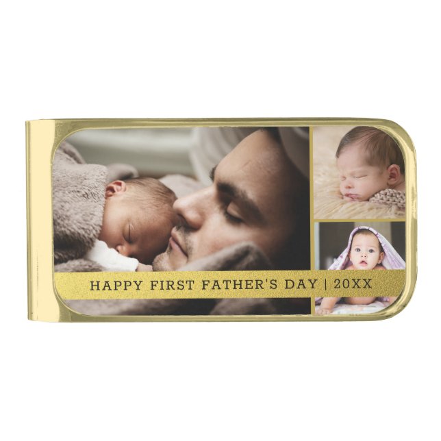 Happy First Father's Day 3 Photo Collage Gold Finish Money Clip (Front)