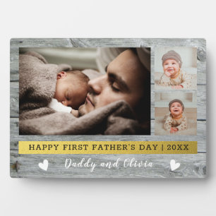 Happy First Father's Day 3 Photo Collage Gray Wood Plaque