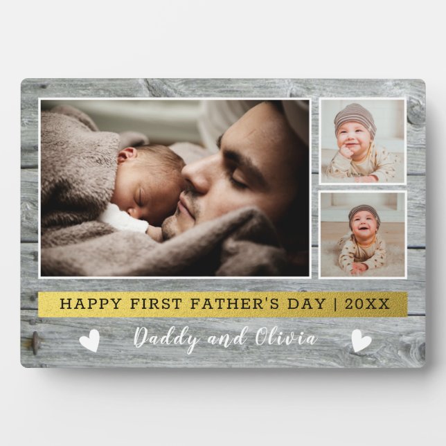 Happy First Father's Day 3 Photo Collage Gray Wood Plaque (Front)