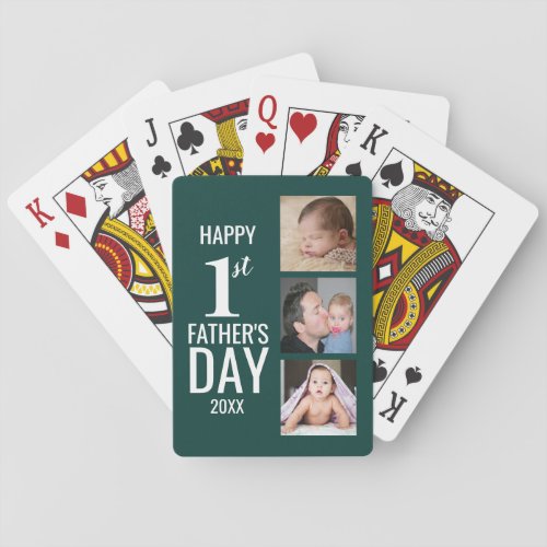 Happy First Fathers Day 3 Photo Collage Green Playing Cards