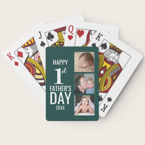 Happy First Father's Day 3 Photo Collage Green Poker Cards