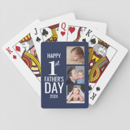 Happy First Father&#39;s Day 3 Photo Collage Navy Blue Playing Cards