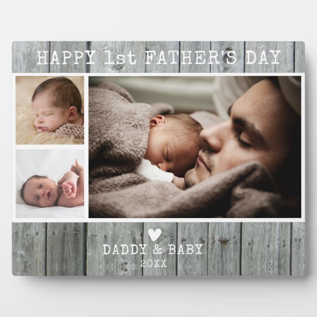 Happy First Father's Day 3 Photo Gray Wood   Plaque (Front)