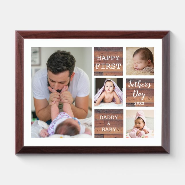 Happy First Father's Day 4 Photo Collage Wood  Award Plaque (Horizontal)