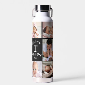 Happy First Father's Day 5 Photo Collage Black Water Bottle