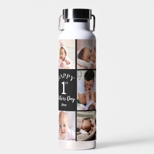 Happy First Father's Day 5 Photo Collage Black Water Bottle
