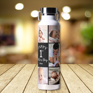Happy First Father's Day 5 Photo Collage Black Water Bottle