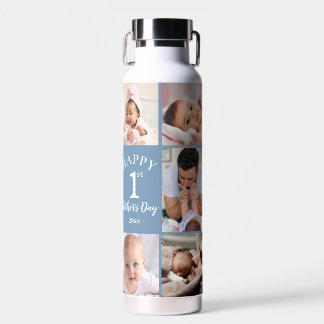 Happy First Father's Day 5 Photo Collage Blue Water Bottle