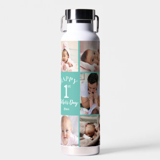 Happy First Father's Day 5 Photo Collage Teal Water Bottle