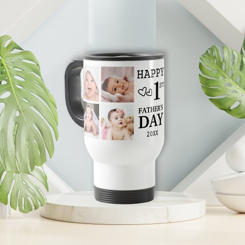 Happy First Fathers Day  5 Photo Collage   Travel Mug