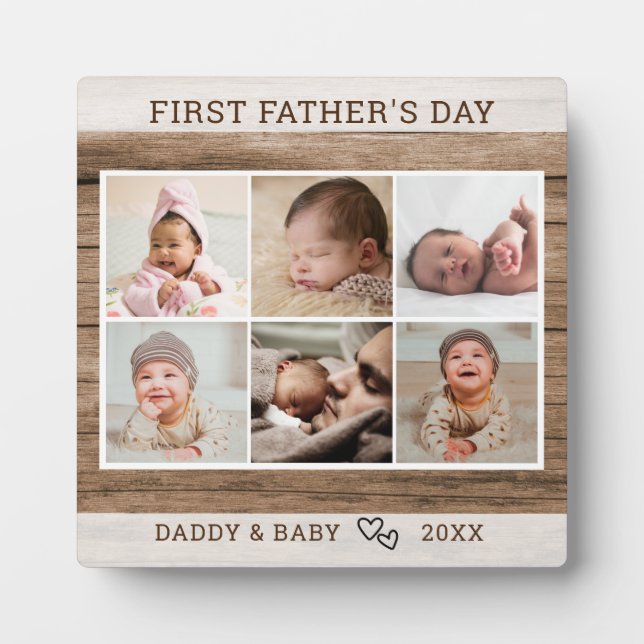 Happy First Father's Day 6 Photo Collage Wood Plaque (Front)