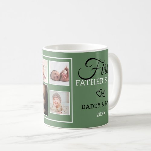 Happy First Fathers Day 7 Photo Collage  Green Coffee Mug