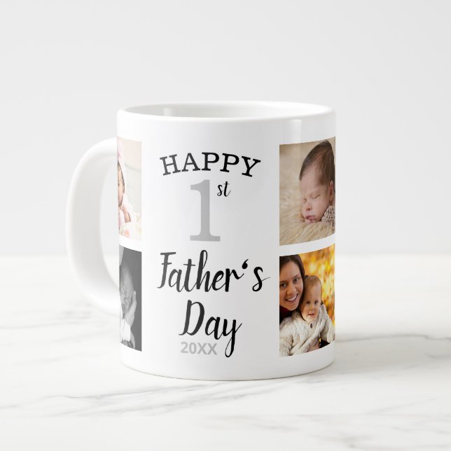Happy First Father's Day 8 Family Photo Collage Giant Coffee Mug (Front Left)